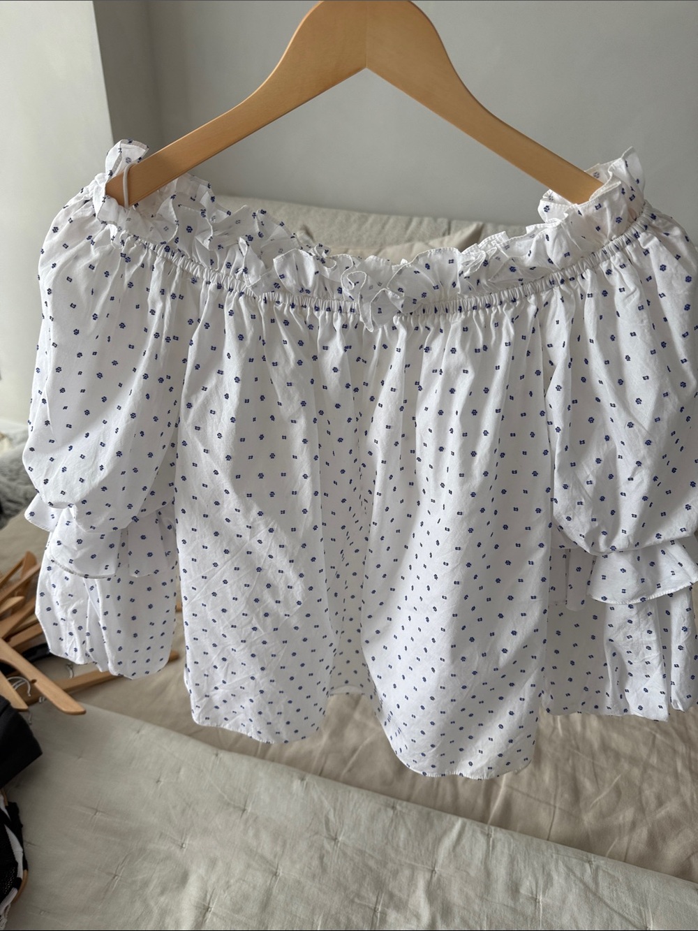 Caroline Constas White Off-Shoulder Blouse with Blue Dot Print